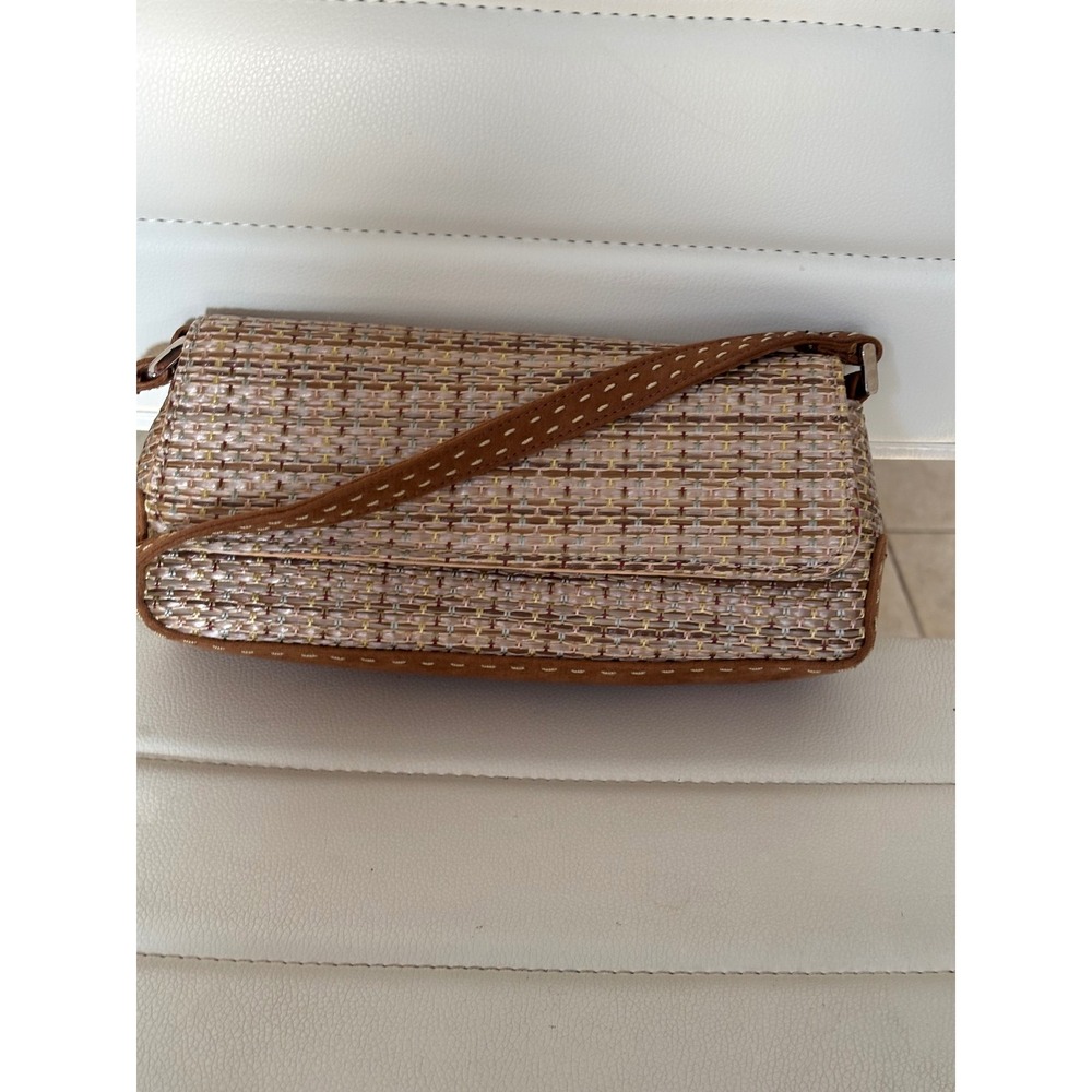 Liz Claiborne Woven‎ Metallic Baguette Shoulder Bag Brown Faux Suede Trim Pink